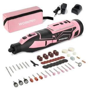WORKPRO Pink 12V Cordless Rotary Tool Kit, 5 Variable Speeds, 114 Easy Change Accessories – Pink Ribbon