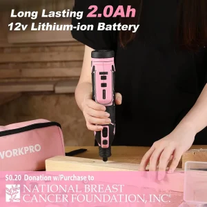 WORKPRO Pink 12V Cordless Rotary Tool Kit, 5 Variable Speeds, 114 Easy Change Accessories – Pink Ribbon - view 2
