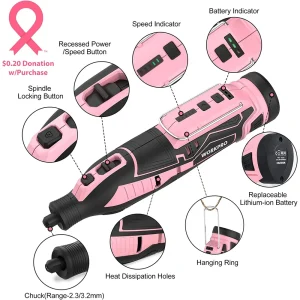 WORKPRO Pink 12V Cordless Rotary Tool Kit, 5 Variable Speeds, 114 Easy Change Accessories – Pink Ribbon - view 4