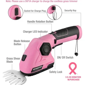 WORKPRO Pink 2 in 1 Handheld Hedge Trimmer 7.2V Electric Grass Trimmer/Hedge Shears – Pink Ribbon - view 4