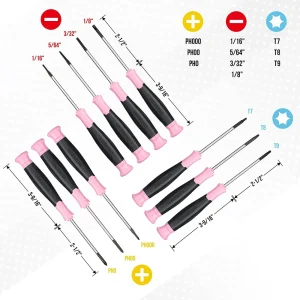 WORKPRO 10 Pcs Precision Screwdriver Set with Pink Pouch, Phillips, Slotted, Torx Star, Magnetic Tip - view 2