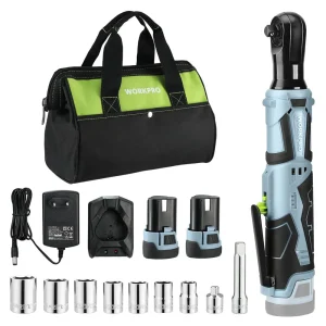 WORKPRO Cordless Electric Ratchet Wrench, 3/8″ 12V 40 Ft-lbs Electric Ratchet Wrench 9 Pcs Set