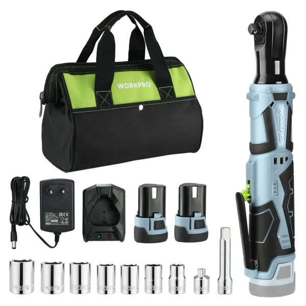 WORKPRO Cordless Electric Ratchet Wrench, 3/8″ 12V 40 Ft-lbs Electric Ratchet Wrench 9 Pcs Set