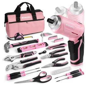 WORKPRO 55 Pcs Pink Tools Set, 3.7V Rotatable Cordless Screwdriver and Household Tool Kit – Pink Ribbon
