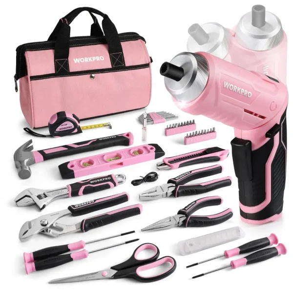 WORKPRO 55 Pcs Pink Tools Set, 3.7V Rotatable Cordless Screwdriver and Household Tool Kit – Pink Ribbon
