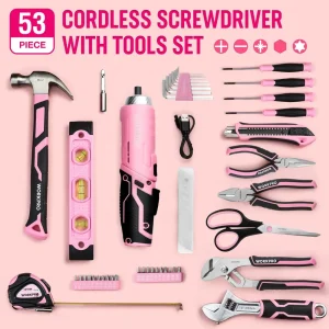 WORKPRO 55 Pcs Pink Tools Set, 3.7V Rotatable Cordless Screwdriver and Household Tool Kit – Pink Ribbon - view 2