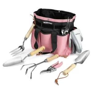 WORKPRO Pink Garden Tools 7 Pcs Set, Stainless Steel Heavy Duty Gardening Tools – Pink Ribbon