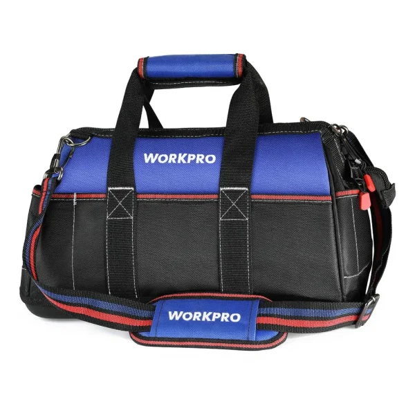 WORKPRO 16-inch Wide Mouth Tool Bag, Heavy Duty Cloth Tool Storage Bag with Water Proof Molded Base, Adjustable Shoul...
