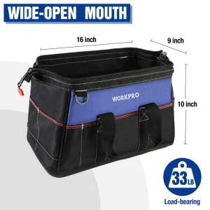 WORKPRO 16-inch Wide Mouth Tool Bag, Heavy Duty Cloth Tool Storage Bag with Water Proof Molded Base, - view 2
