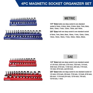 WORKPRO Magnetic Receptacle Organizer Set of 4 Includes 1/4″, 3/8″ Drive Metric SAE Receptacle Tray, - view 2
