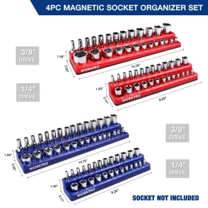WORKPRO Magnetic Receptacle Organizer Set of 4 Includes 1/4″, 3/8″ Drive Metric SAE Receptacle Tray, - view 3