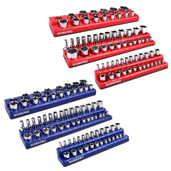 WORKPRO Magnetic Receptacle Organizer Set of 6 Includes 1/4″, 3/8″, 1/2″ Drive Metric SAE Receptacle Tray, Holds 141 ...