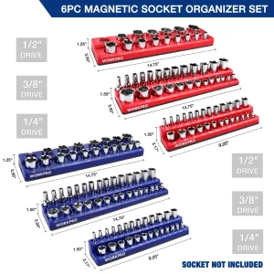 WORKPRO Magnetic Receptacle Organizer Set of 6 Includes 1/4″, 3/8″, 1/2″ Drive Metric SAE Receptacle - view 2