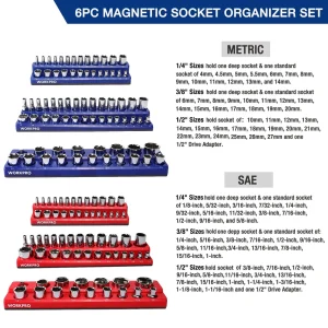 WORKPRO Magnetic Receptacle Organizer Set of 6 Includes 1/4″, 3/8″, 1/2″ Drive Metric SAE Receptacle - view 3