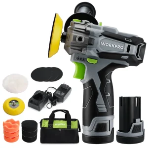 WORKPRO 12V Cordless Polisher, 3″ Mini Car Detailing Buffer & Sander Machine Kit with 2 Li-Ion Batteries