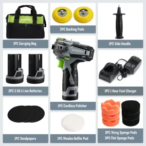 WORKPRO 12V Cordless Polisher, 3″ Mini Car Detailing Buffer & Sander Machine Kit with 2 Li-Ion Batteries - view 2