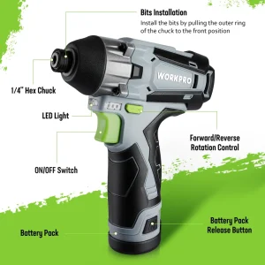 WORKPRO 12V Cordless Impact Driver Kit, 1/4” Hex Electric Impact Drill/Driver Set with 2.0Ah Lithium - view 2