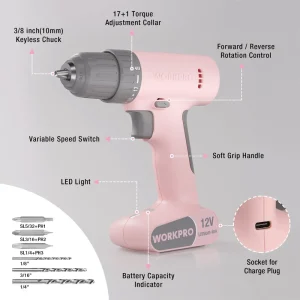 WORKPRO 12V Cordless Drill Driver Set with 6 Pcs Bits, 3/8-Inch Keyless Chuck, Variable Speed, 18 To - view 4