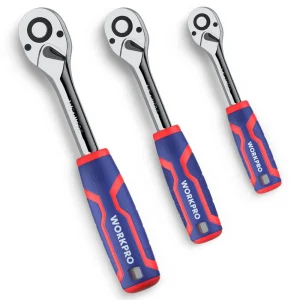 WORKPRO 3 Pcs Ratchet Set, 1/4″, 3/8″, 1/2″ Quick-Release Reversible 72-Tooth 40CR Steel Drive Socket Wrench