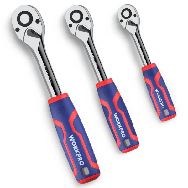 WORKPRO 3 Pcs Ratchet Set, 1/4″, 3/8″, 1/2″ Quick-Release Reversible 72-Tooth 40CR Steel Drive Socket Wrench