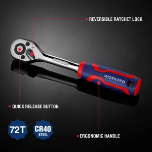WORKPRO 3 Pcs Ratchet Set, 1/4″, 3/8″, 1/2″ Quick-Release Reversible 72-Tooth 40CR Steel Drive Socket Wrench - view 3