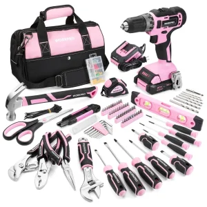 WORKPRO 157 Pcs Household Tool Kit with 20V Cordless Lithium-ion Drill Driver – Pink Ribbon