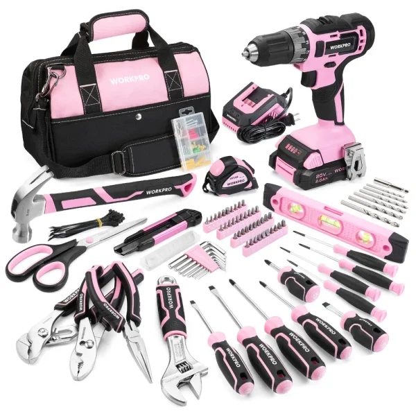 WORKPRO 157 Pcs Household Tool Kit with 20V Cordless Lithium-ion Drill Driver – Pink Ribbon