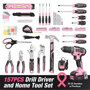 WORKPRO 157 Pcs Household Tool Kit with 20V Cordless Lithium-ion Drill Driver – Pink Ribbon - view 2