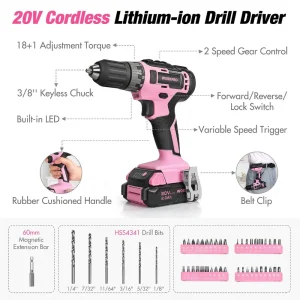 WORKPRO 157 Pcs Household Tool Kit with 20V Cordless Lithium-ion Drill Driver – Pink Ribbon - view 4