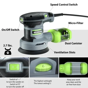 WORKPRO 2.5 Amp Electric 5-Inch Random Orbit Sander, 6 Variable Speeds 7000 to 14000 RPM - view 2