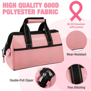 WORKPRO 13-Inch Tool Bag, Pink Soft Cloth Tool Storage Bags – Pink Ribbon - view 2