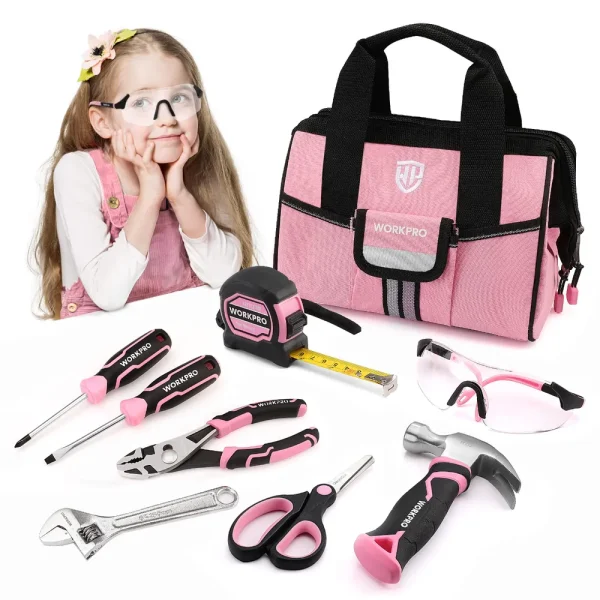WORKPRO 9 Pcs Kids Junior Tool Set with Tool Bag, Pink/Blue – Pink Ribbon