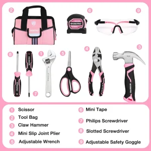 WORKPRO 9 Pcs Kids Junior Tool Set with Tool Bag, Pink/Blue – Pink Ribbon - view 2