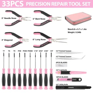 WORKPRO 33 Pcs Precision Repair Tool Set Includes Pliers Set – Pink Ribbon - view 2