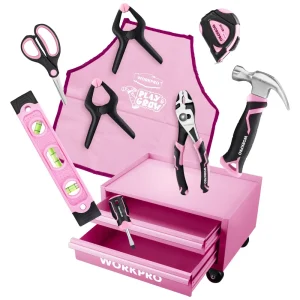 WORKPRO Beginner Kids Tool Set with 12 Inch Steel Tool Case on Wheels – Pink Ribbon