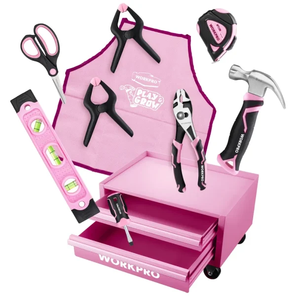 WORKPRO Beginner Kids Tool Set with 12 Inch Steel Tool Case on Wheels – Pink Ribbon