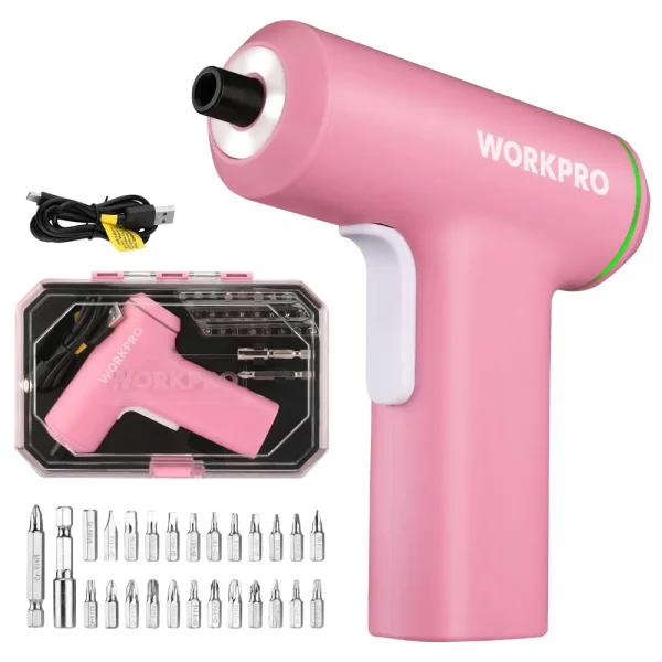 WORKPRO Electric Cordless 4V USB Rechargeable Lithium-ion Battery Screwdriver Set – Pink Ribbon