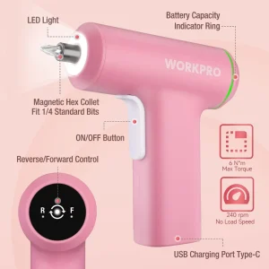 WORKPRO Electric Cordless 4V USB Rechargeable Lithium-ion Battery Screwdriver Set – Pink Ribbon - view 4