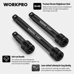 WORKPRO 3 Piece-3, 6, 8 Inch 1/2-Inch Socket Drive Impact Extension Bar Sets - view 2