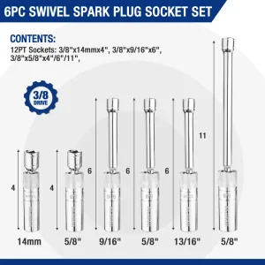 WORKPRO 6 Pcs-9/16-inch, 5/8-inch, 13/16-inch, 14MM Thin Wall Sockets with 4, 6, 11-inch Extensions  - view 2