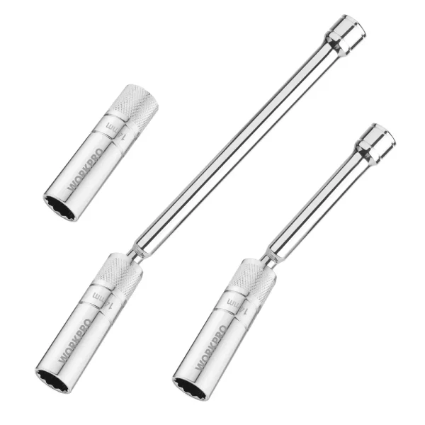WORKPRO 3 Pcs-14mm Thin Wall Socket with 6- and 10-inch ExtensionsMagnetic Swivel Spark Plug Socket Set