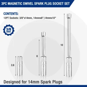 WORKPRO 3 Pcs-14mm Thin Wall Socket with 6- and 10-inch ExtensionsMagnetic Swivel Spark Plug Socket Set - view 2