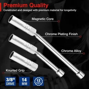 WORKPRO 3 Pcs-14mm Thin Wall Socket with 6- and 10-inch ExtensionsMagnetic Swivel Spark Plug Socket Set - view 3