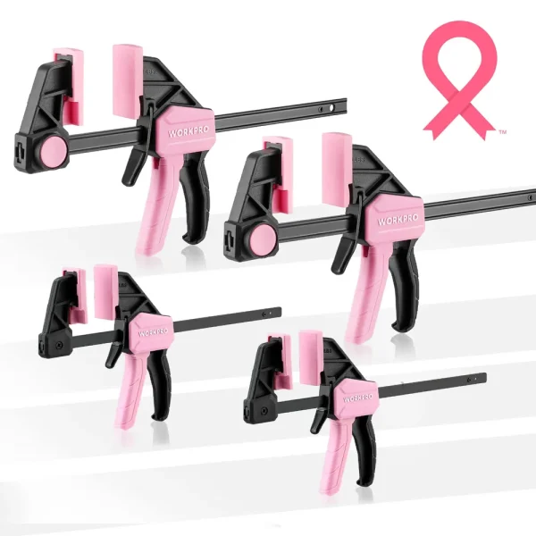 WORKPRO 4-Pcs Mini One-Handed Clamp/Spreader for Woodworking – Pink Ribbon