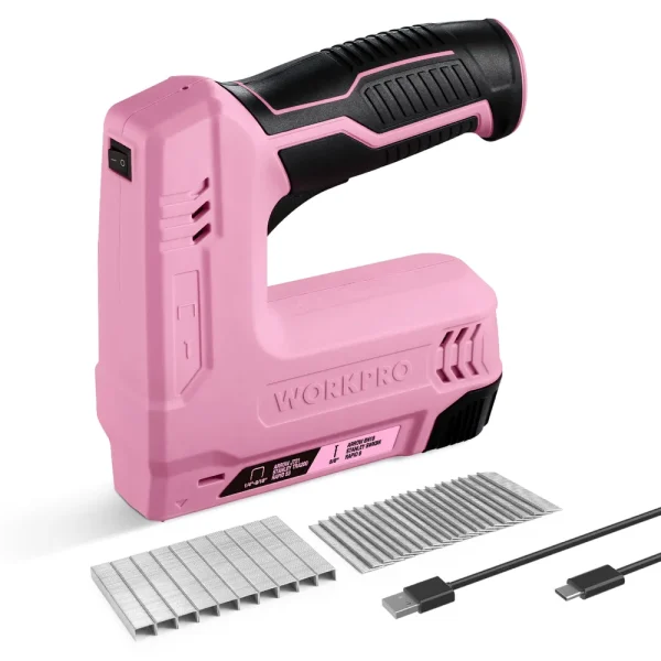 WORKPRO 3.6V 2.0Ah Battery Powered Electric Cordless 2-in-1 Staple and Nail Gun – Pink Ribbon