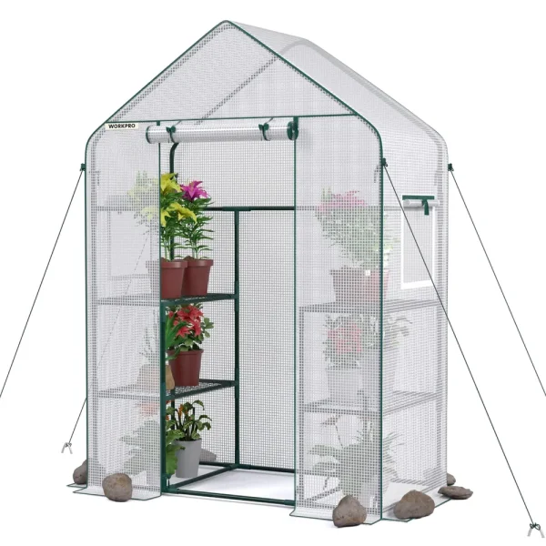 WORKPRO 56″ L X 28″ W X 77″ H 3 Tier 4 Shelves Portable Mini Walk-in Greenhouse