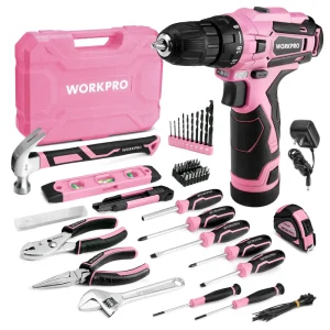 WORKPRO 108-Piece Portable Tool Set with Power Drill – Pink Ribbon