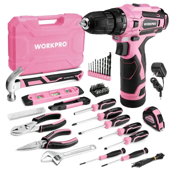 WORKPRO 108-Piece Portable Tool Set with Power Drill – Pink Ribbon