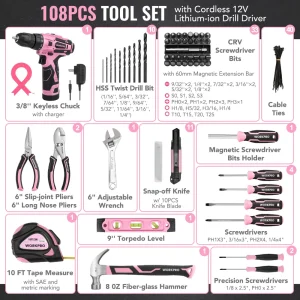 WORKPRO 108-Piece Portable Tool Set with Power Drill – Pink Ribbon - view 2