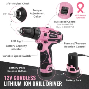 WORKPRO 108-Piece Portable Tool Set with Power Drill – Pink Ribbon - view 4